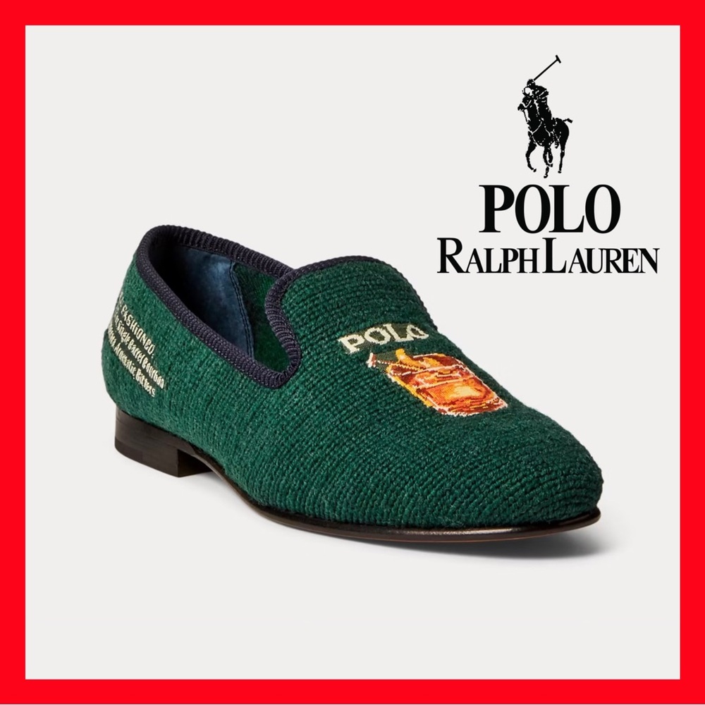 Ralph Lauren Paxton Polo Bar Dress Shoes Needlepoint Slippers Green Mens